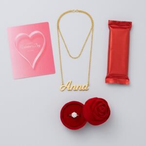 Personalised Name Pendant + Ring + Rose Box Gift Hamper – personalised with your name