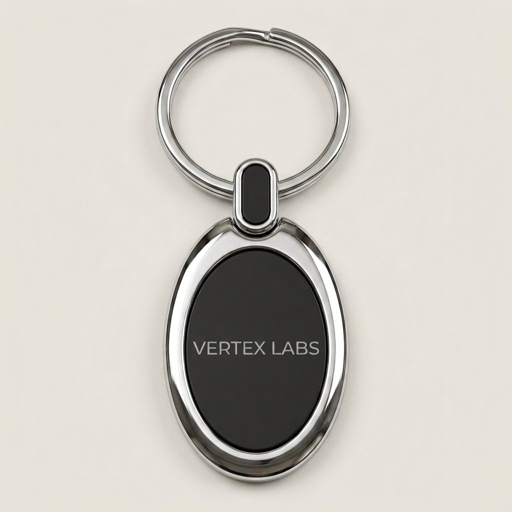 Close-up of a company name engraved on the black panel of an oval keychain