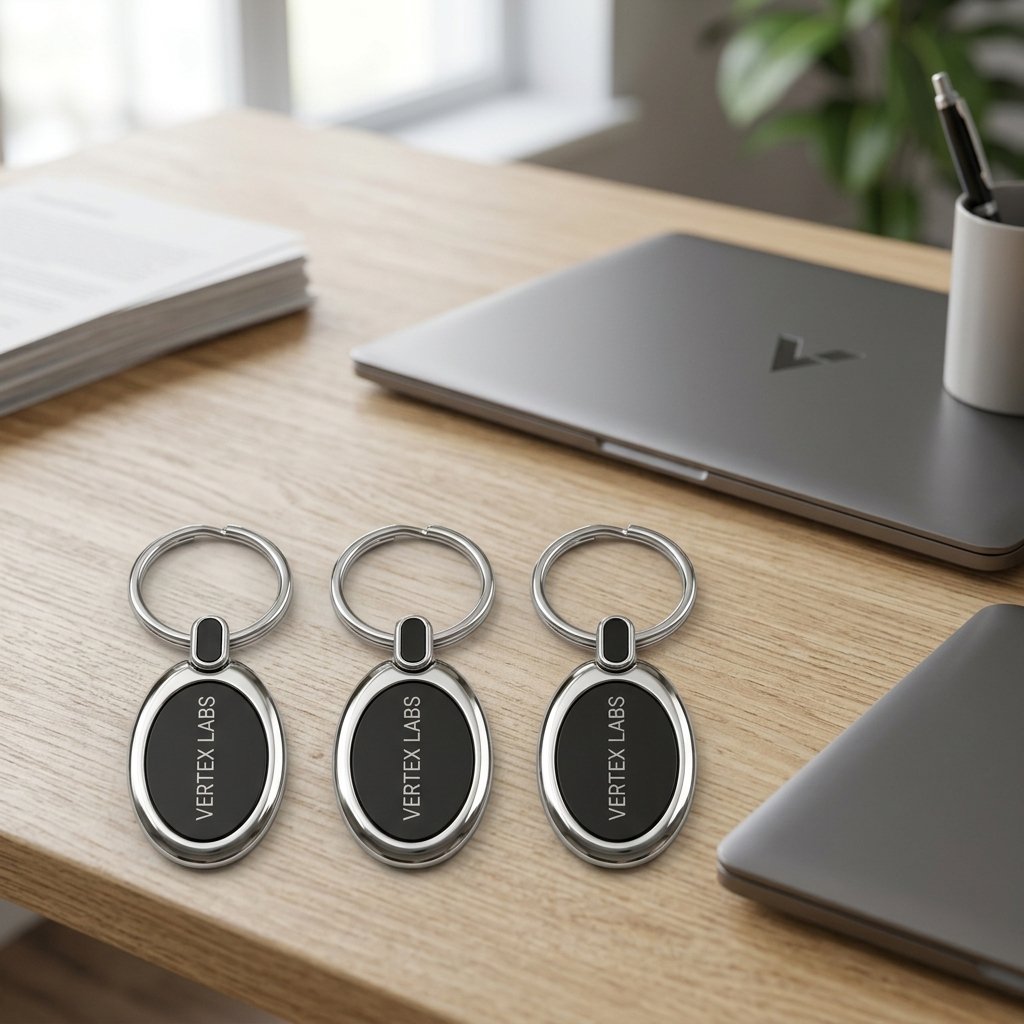 Three identical name-engraved oval keychains on a desk for corporate gifting