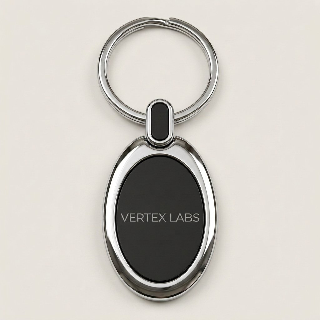 Oval metal keychain with a company name laser engraved on the black panel