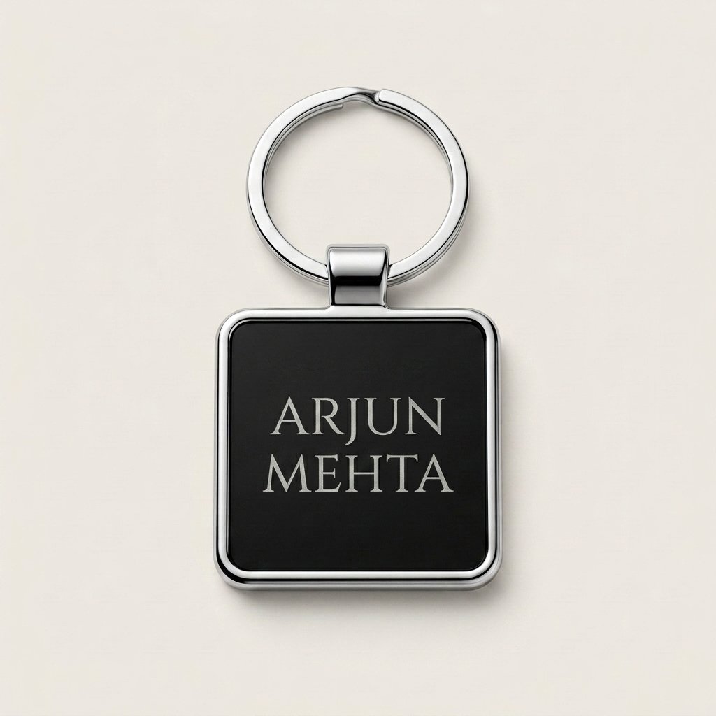 Close-up of a personal name engraved on the black panel of a square keychain