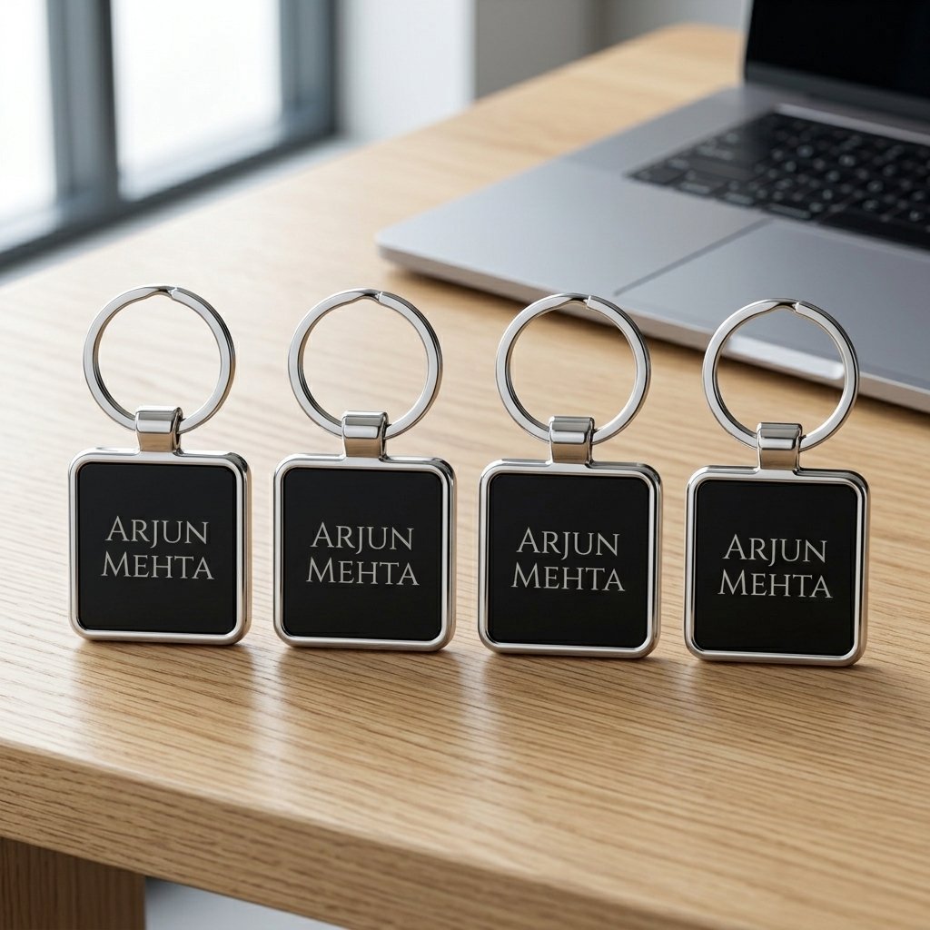 Four identical name-engraved square keychains on a desk