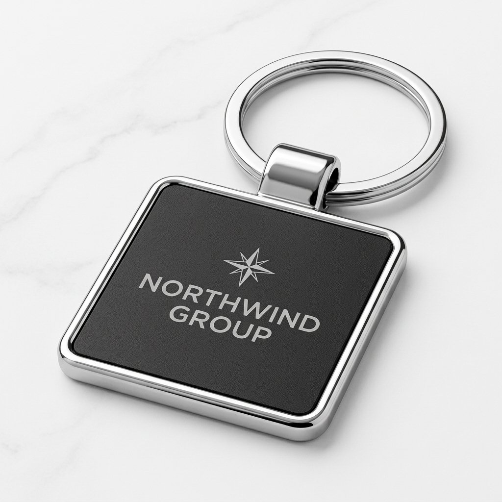 Personalised Square Metal Logo Keychain (Black Insert, Silver) — Corporate Bulk Gift — gift-ready presentation suitable for special occasions