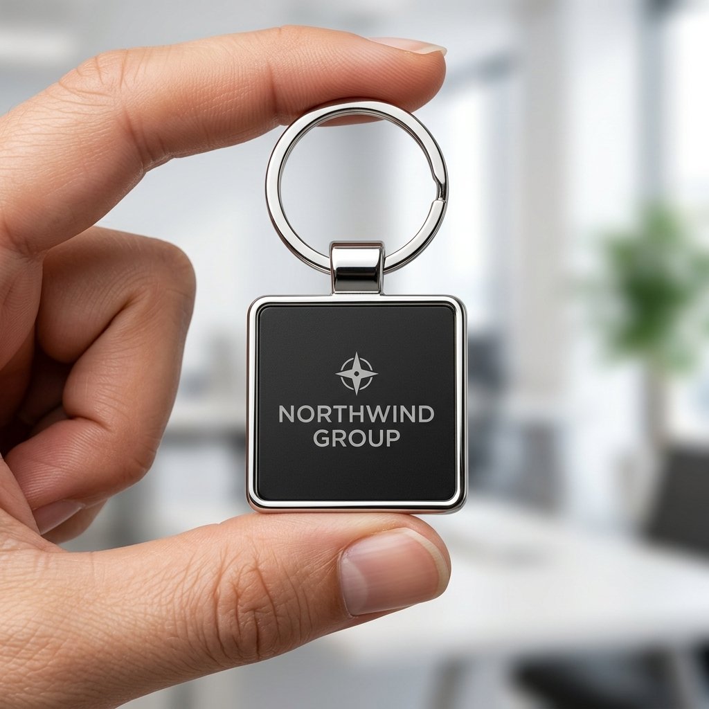 Personalised Square Metal Logo Keychain (Black Insert, Silver) — Corporate Bulk Gift — gift-ready presentation suitable for special occasions