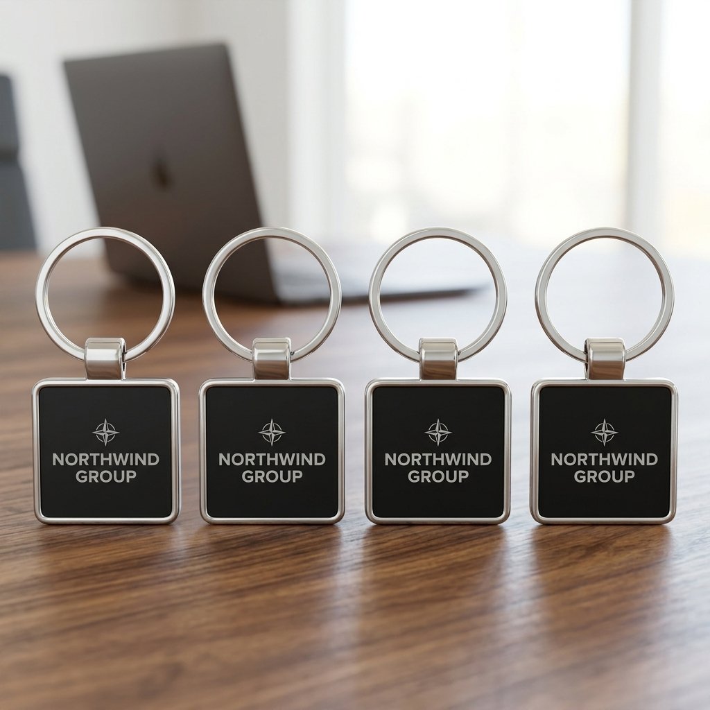 Personalised Square Metal Logo Keychain (Black Insert, Silver) — Corporate Bulk Gift — gift-ready presentation suitable for special occasions