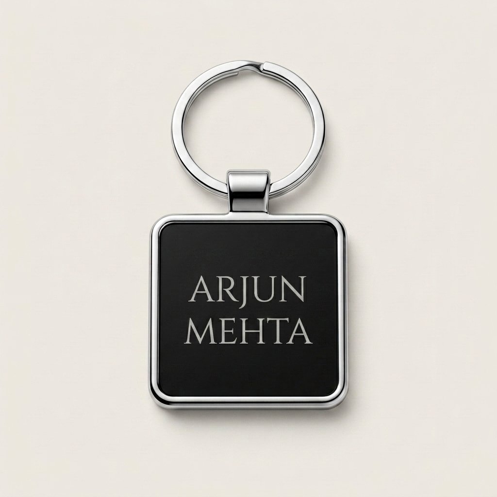 Square metal keychain with a personal name laser engraved on the black panel