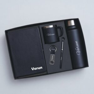 Personalised gift set in black – diary, steel cup, steel bottle, pen and keychain with name, in presentation box