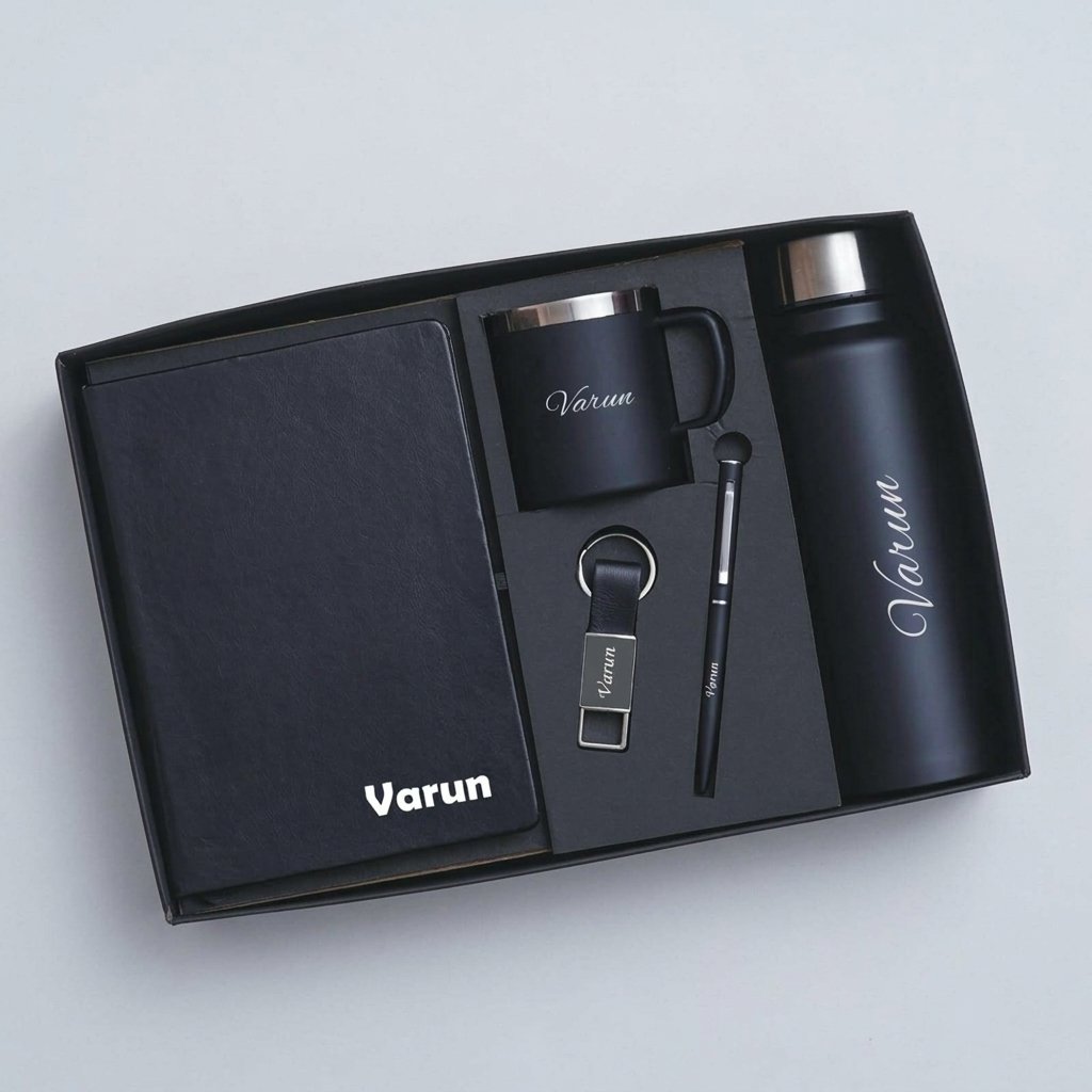 Personalised gift set in black – diary, steel cup, steel bottle, pen and keychain with name, in presentation box