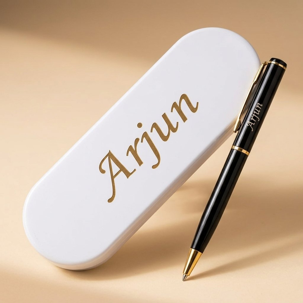 Name-engraved pen and white metal presentation box showing the name Arjun in gold script