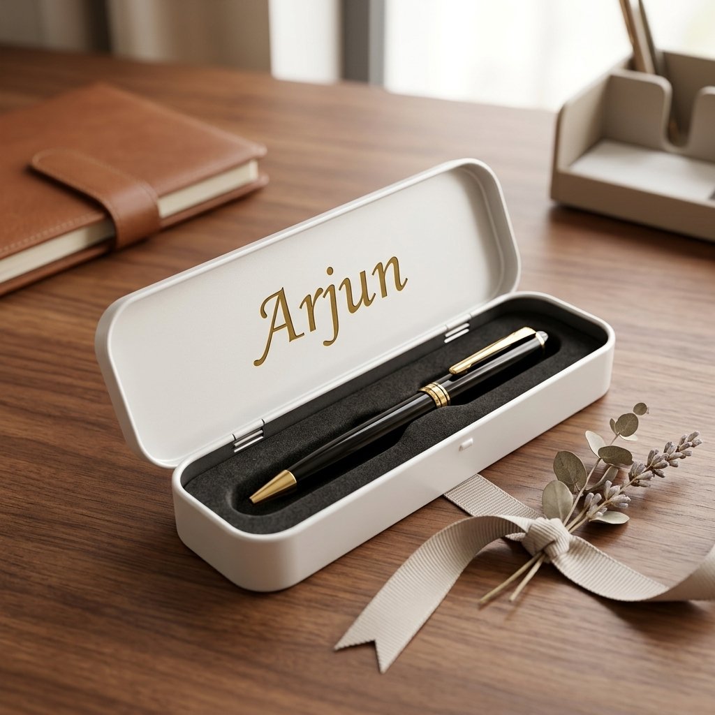 Engraved pen presented inside the personalised white metal gift box on a wooden desk, ready to gift
