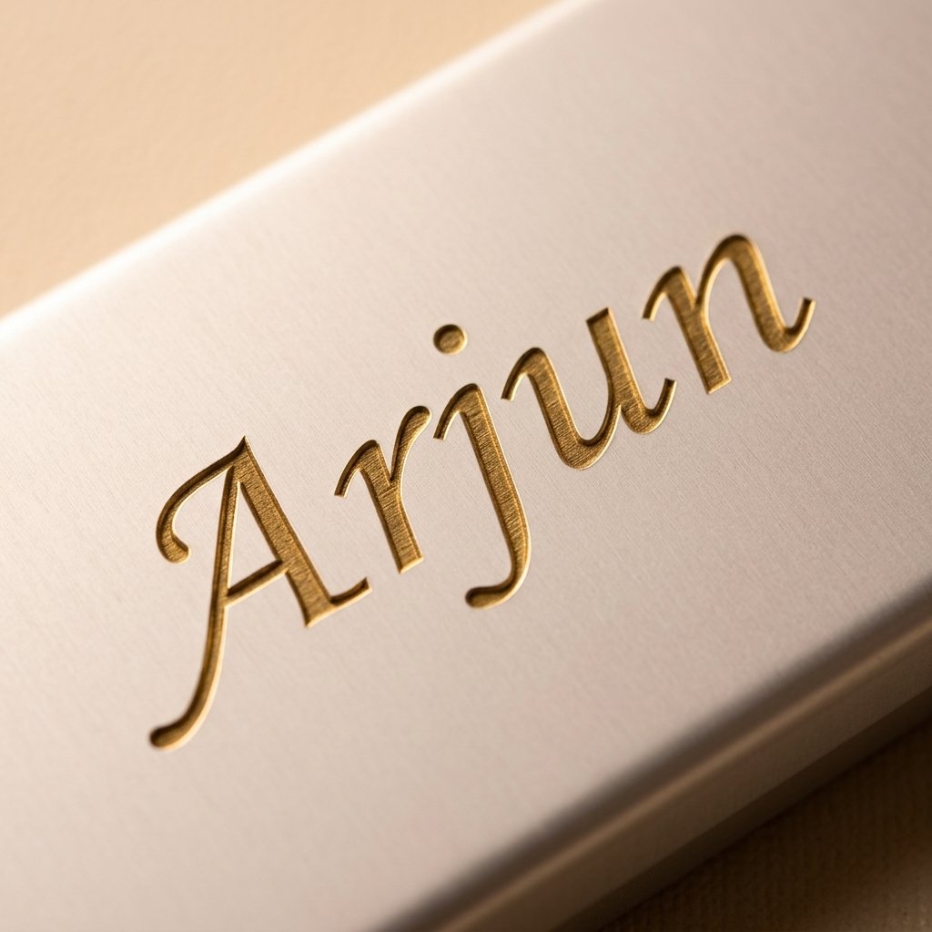 Close-up macro of the name Arjun engraved in gold on the white metal pen box lid