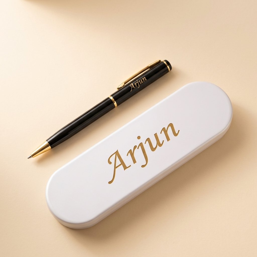 Personalised black and gold pen with white metal gift box engraved with the name Arjun, flat lay on a cream background