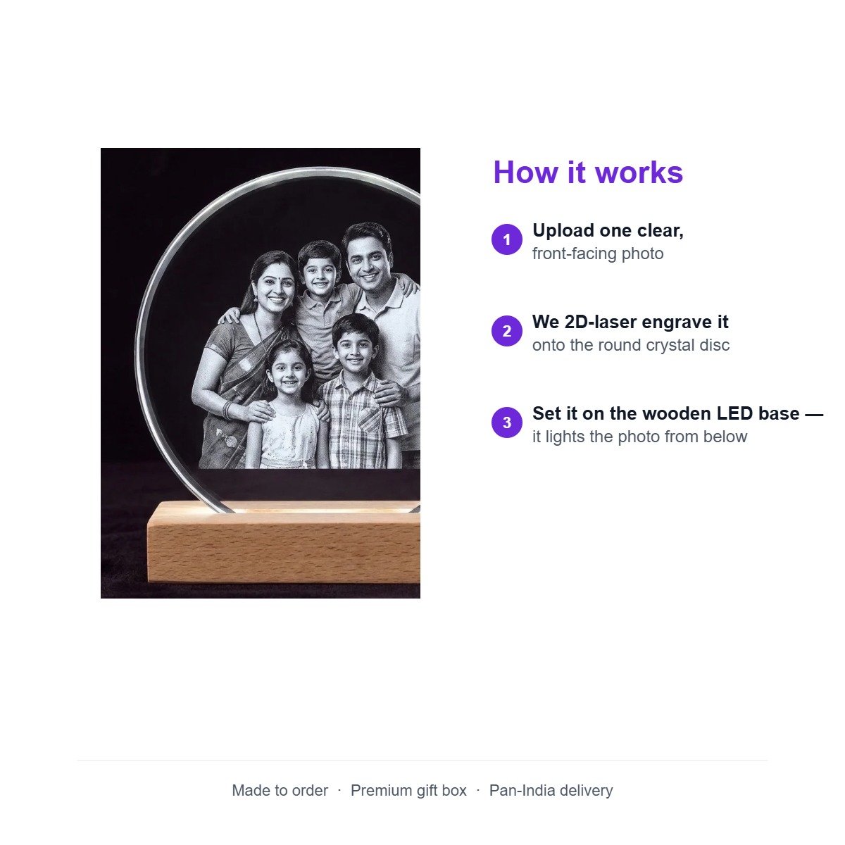 Personalised Round Photo Crystal 17×17 cm with Wooden LED Base - Image 4