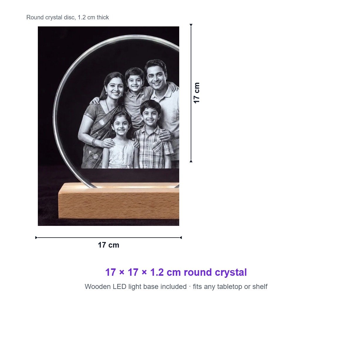 Personalised Round Photo Crystal 17×17 cm with Wooden LED Base - Image 3
