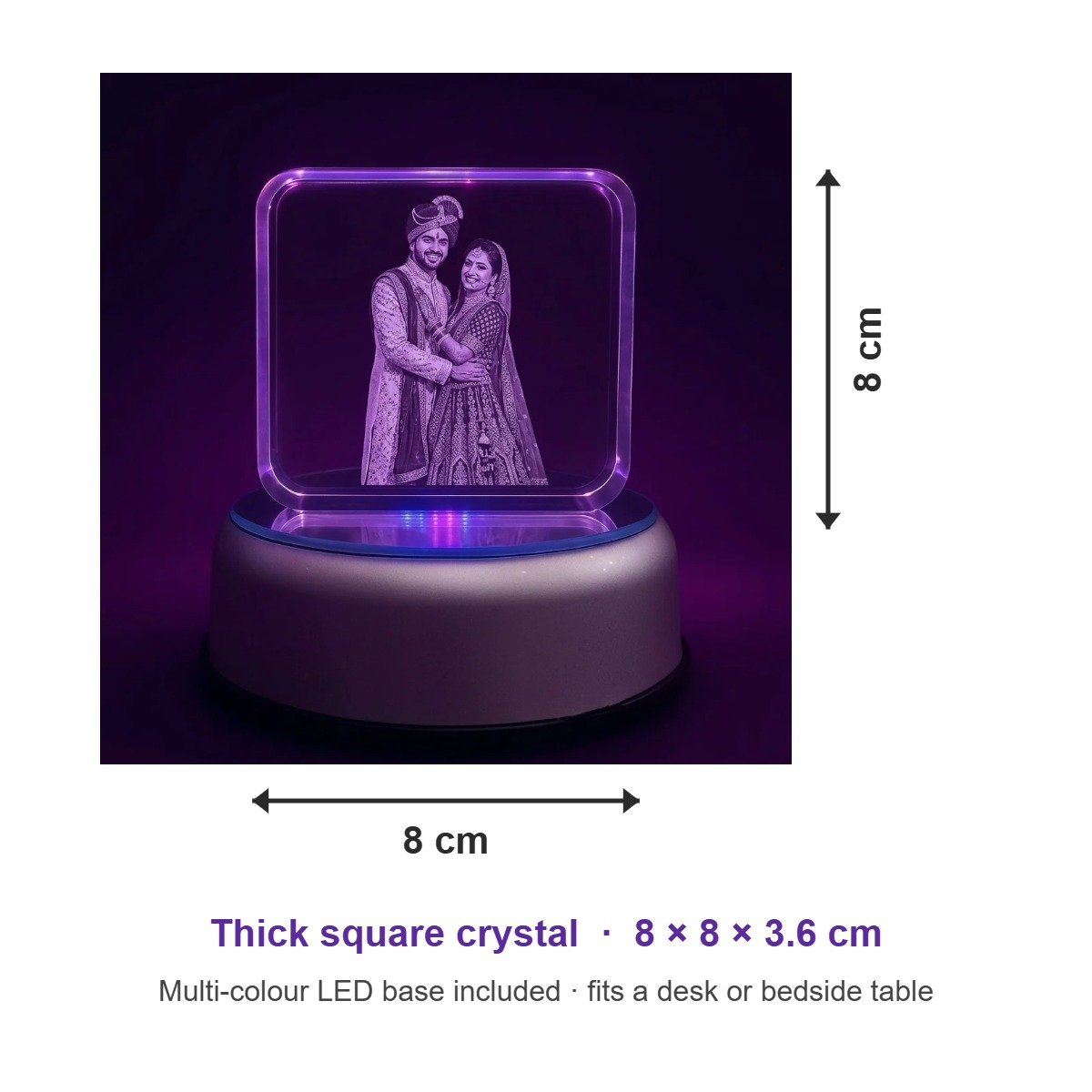 Size reference: thick square 3D photo crystal 8 x 8 x 3.6 cm with LED base