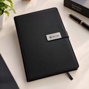 Personalised Diary with Magnetic Flap & Metal Logo Plate – Black