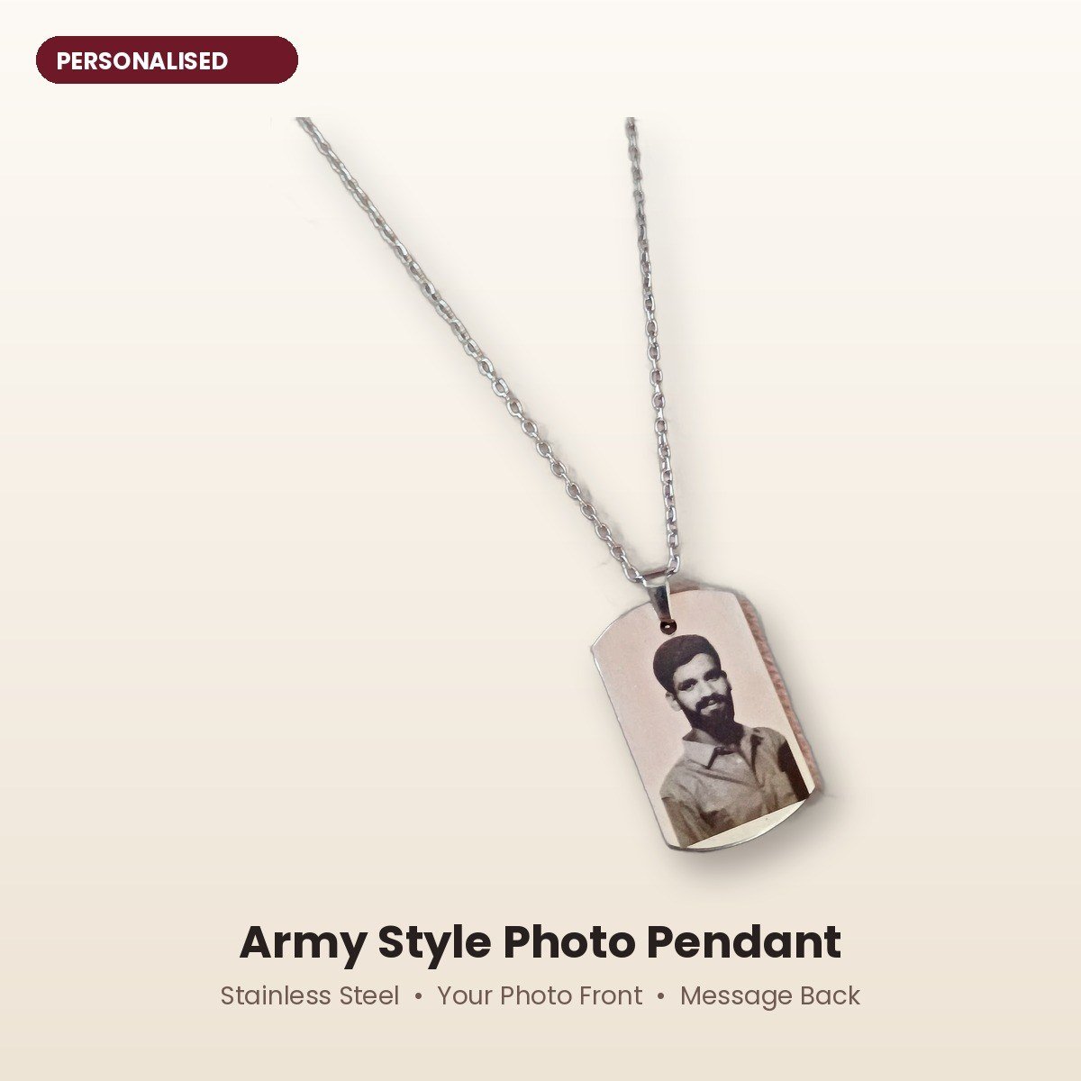 Personalised army style photo pendant with your photo, stainless steel – hero