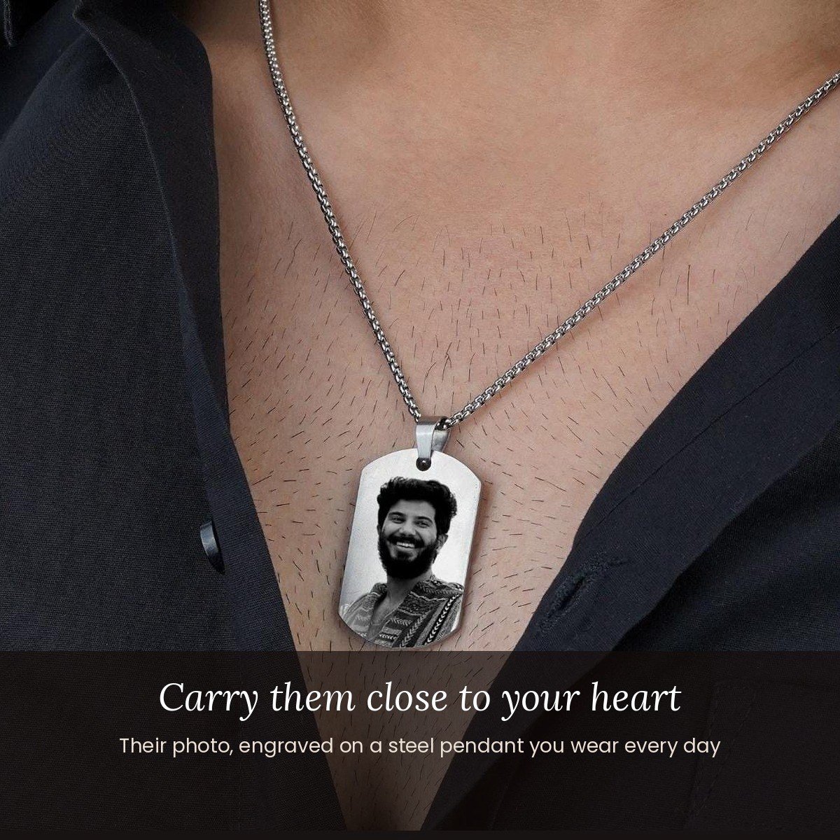 Personalised army style photo pendant with your photo, stainless steel – worn lifestyle