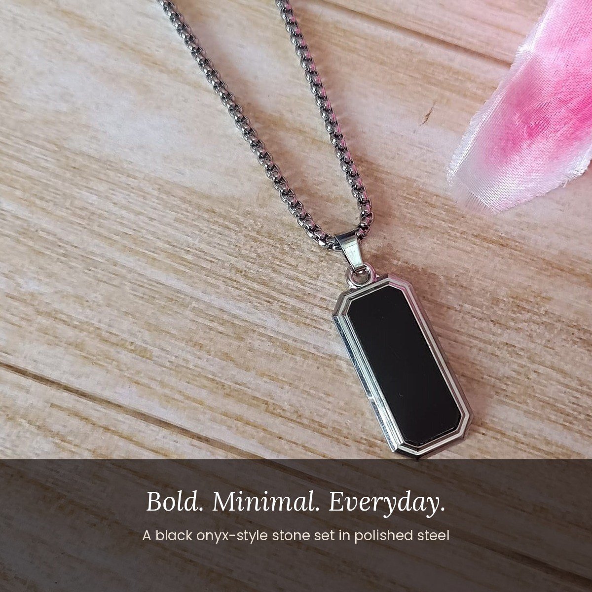Black onyx pendant for men with engraved back, stainless steel – lifestyle