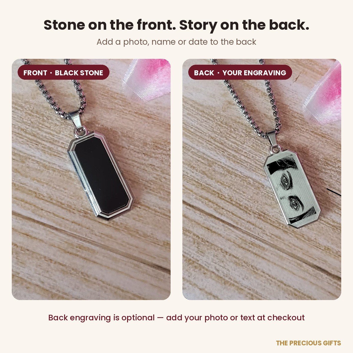 Black onyx pendant for men with engraved back, stainless steel – detail