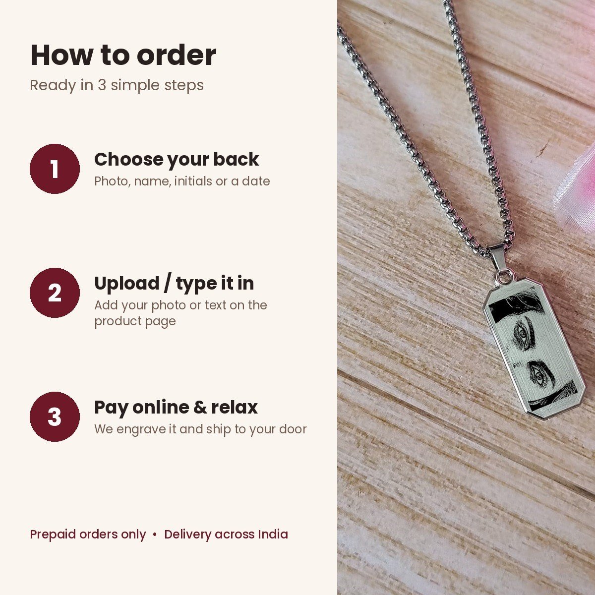 Black onyx pendant for men with engraved back, stainless steel – how to order