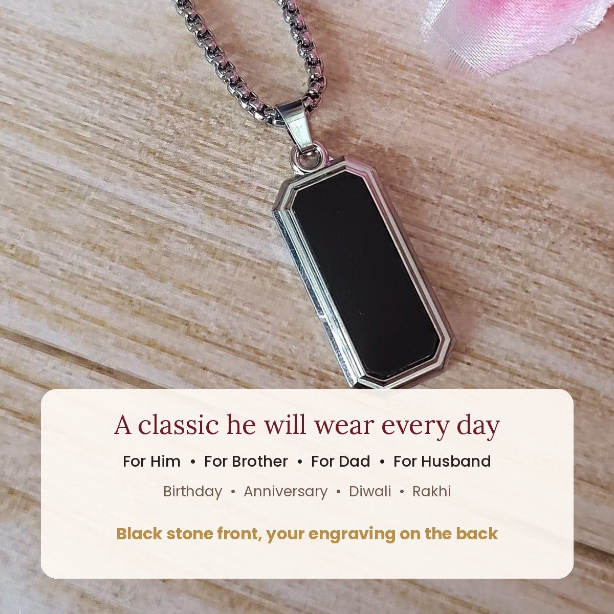 Black onyx pendant for men with engraved back, stainless steel – gift moments