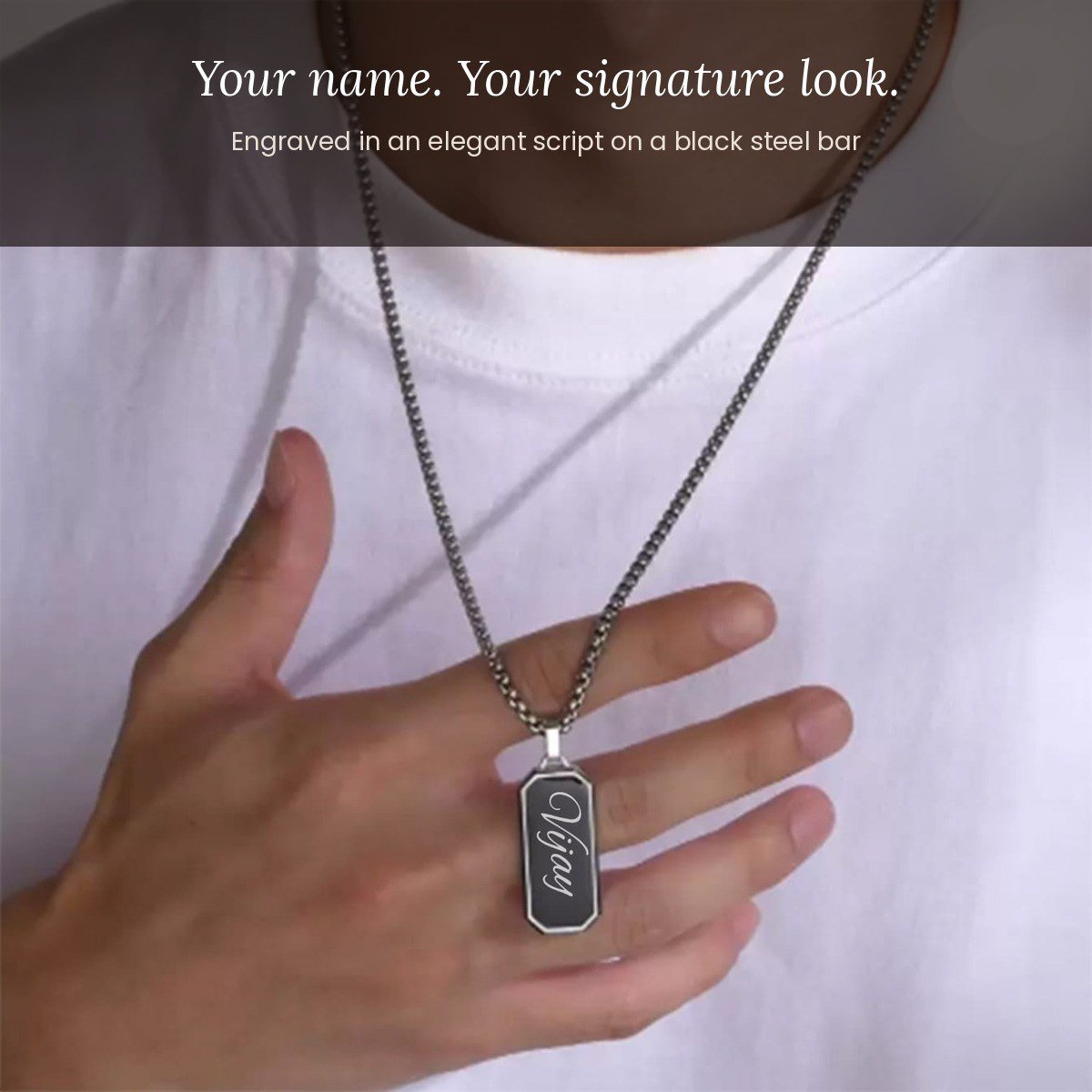 Custom name pendant for men, black stainless steel bar – lifestyle