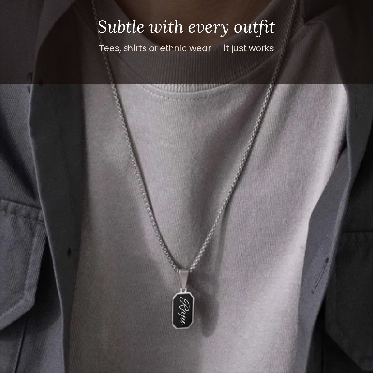 Custom name pendant for men, black stainless steel bar – detail