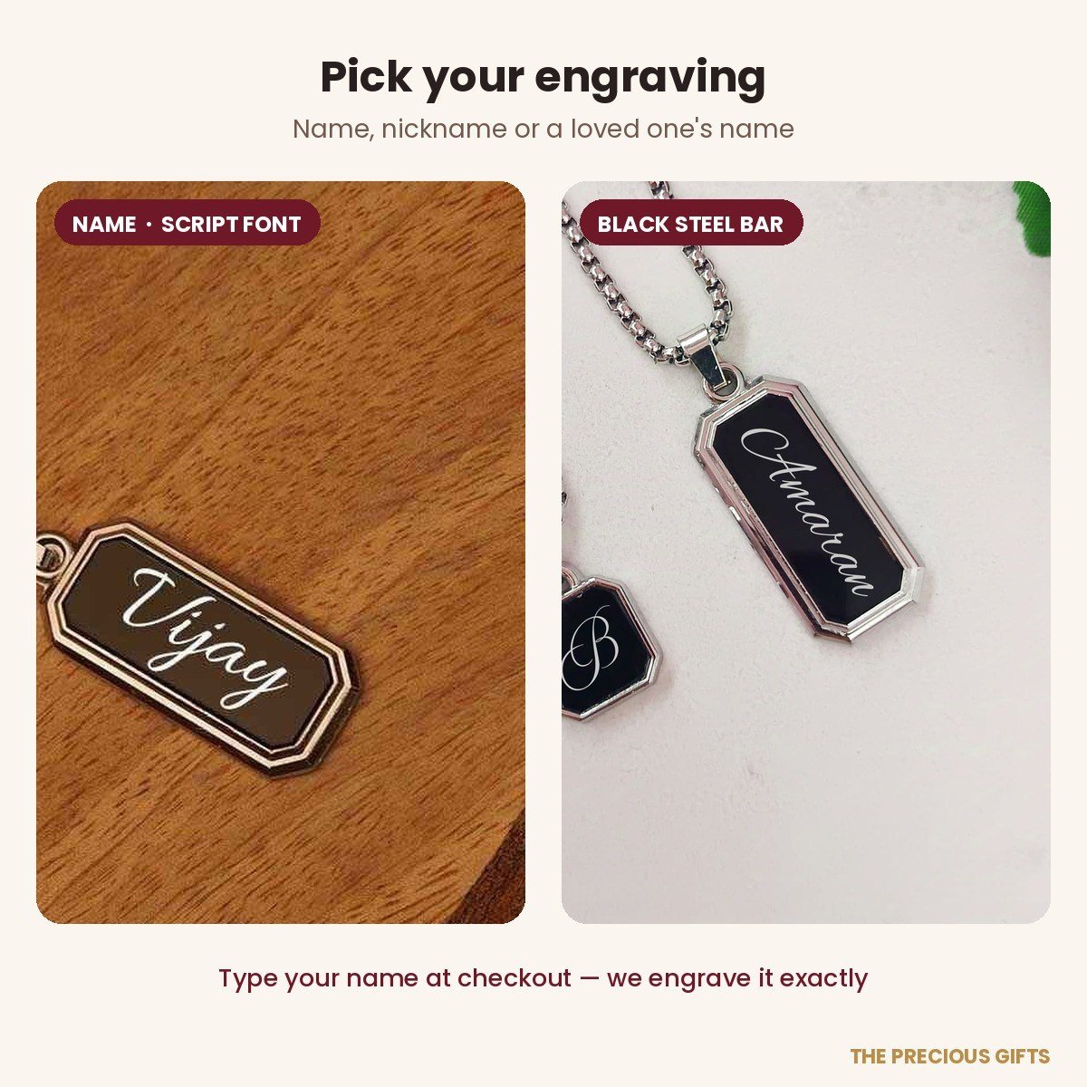 Custom name pendant for men, black stainless steel bar – feature