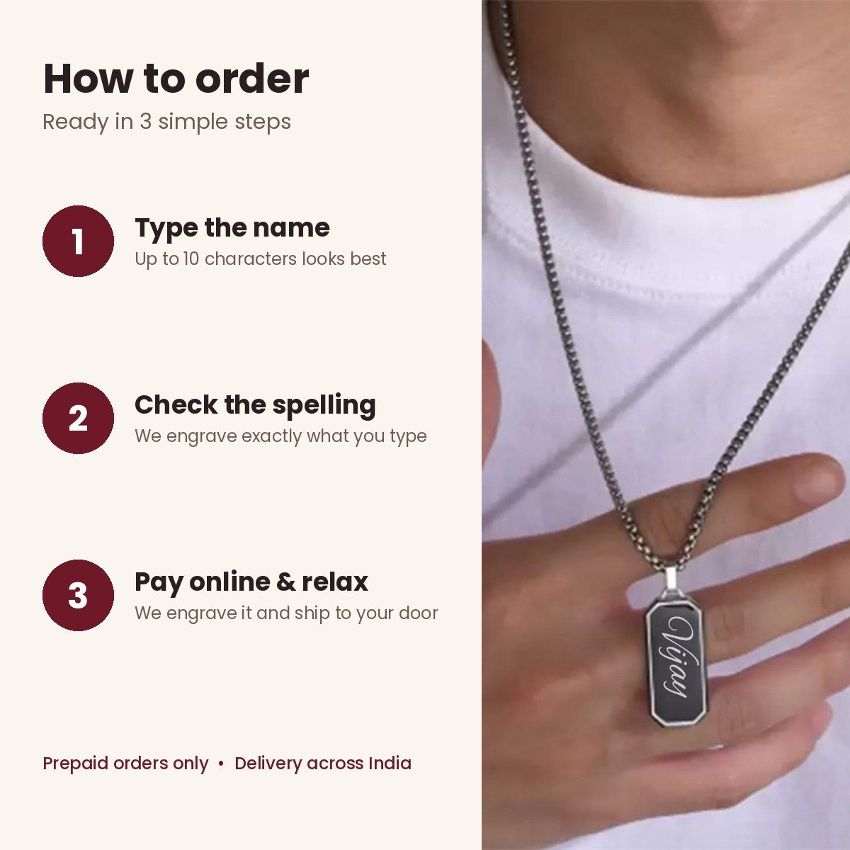 Custom name pendant for men, black stainless steel bar – how to order