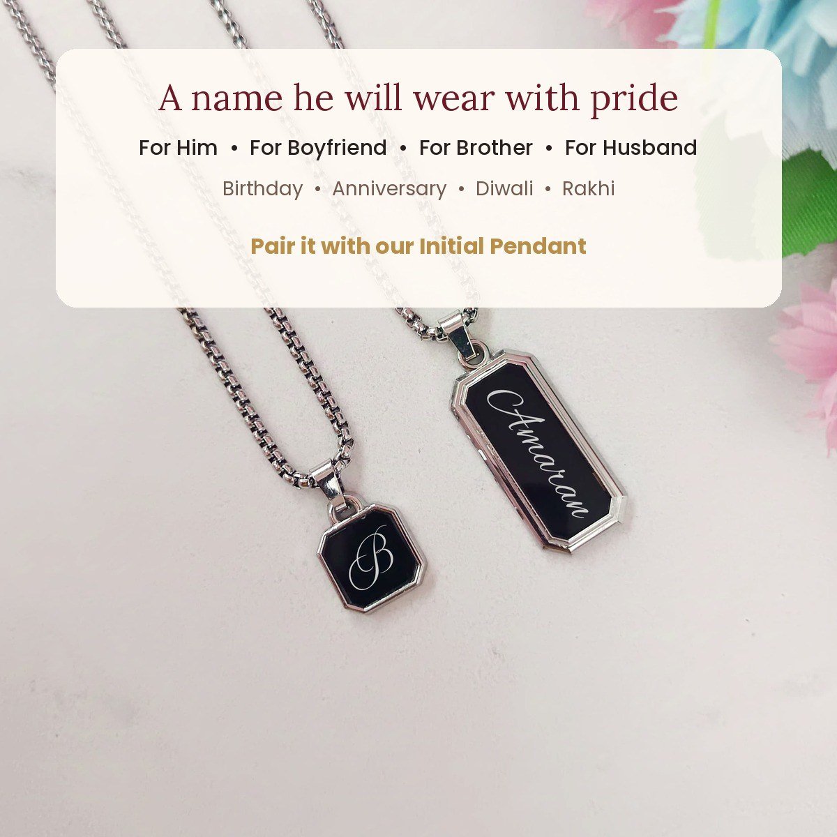 Custom name pendant for men, black stainless steel bar – gift moments