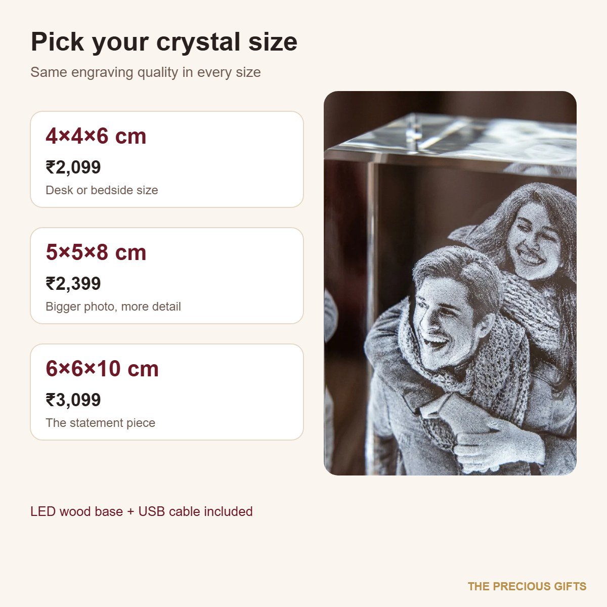 Engraved crystal lamp with photo, personalised gift for parents – details