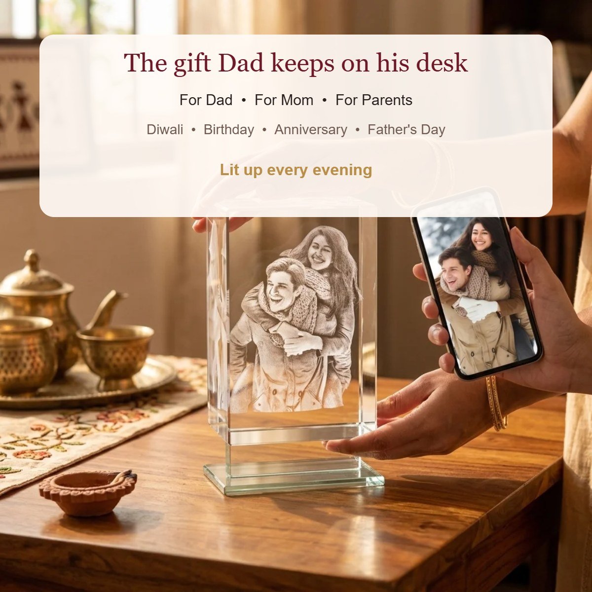 Engraved crystal lamp with photo, personalised gift for parents – gift idea