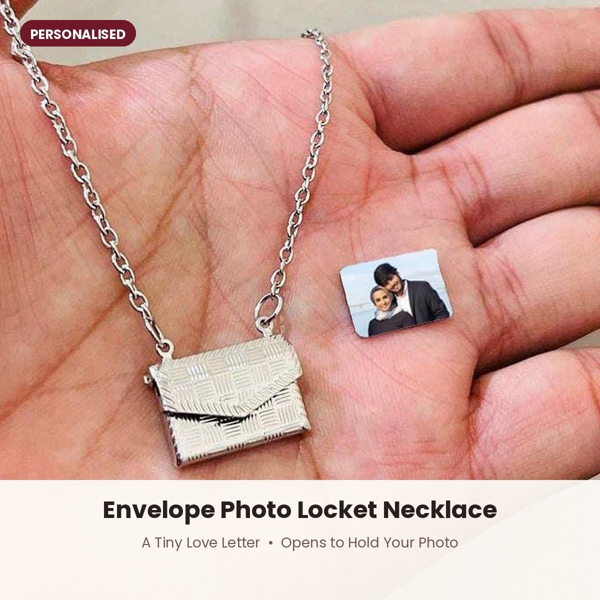 Envelope photo locket necklace with mini photo inside