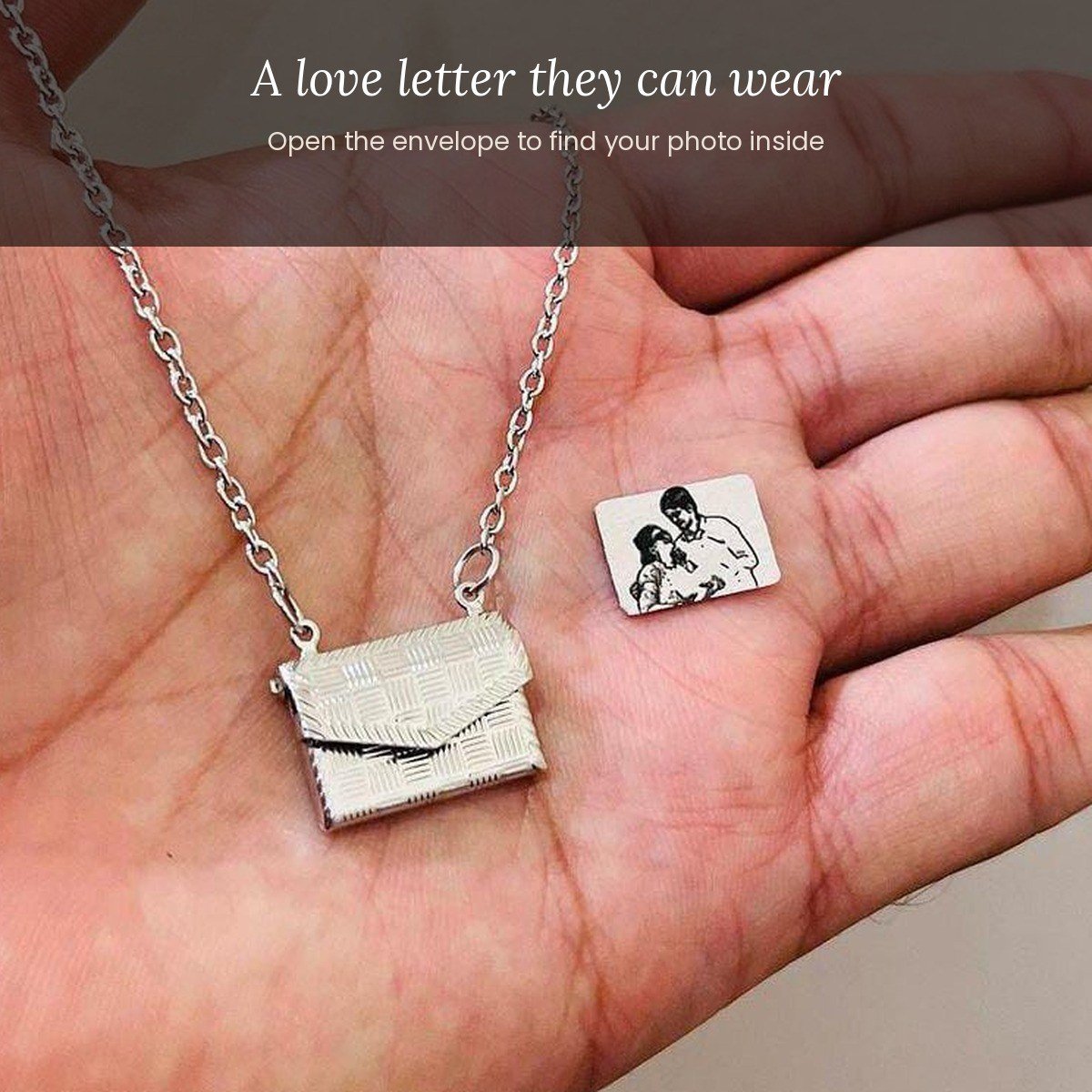 Envelope photo locket necklace with mini photo inside