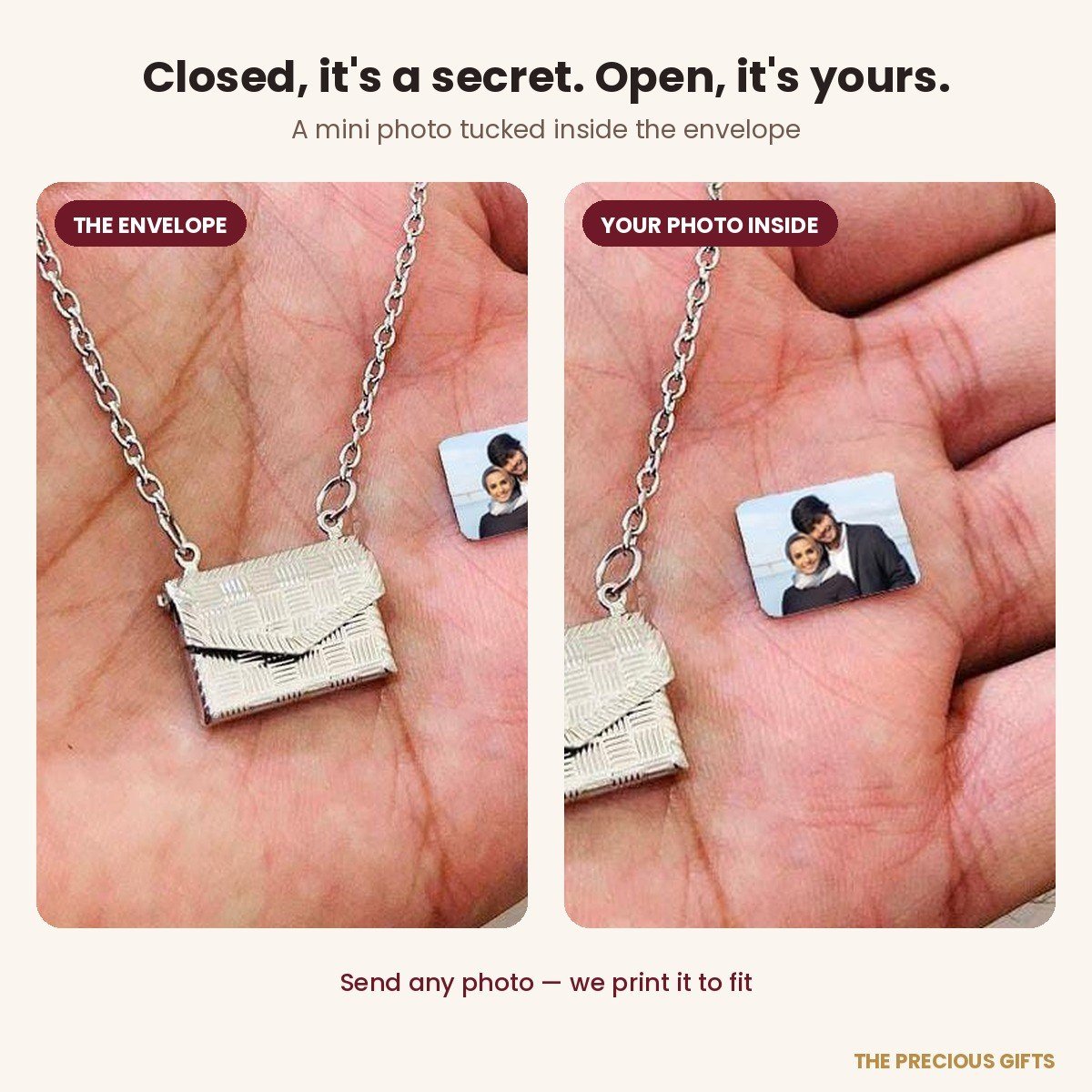 Envelope photo locket necklace with mini photo inside