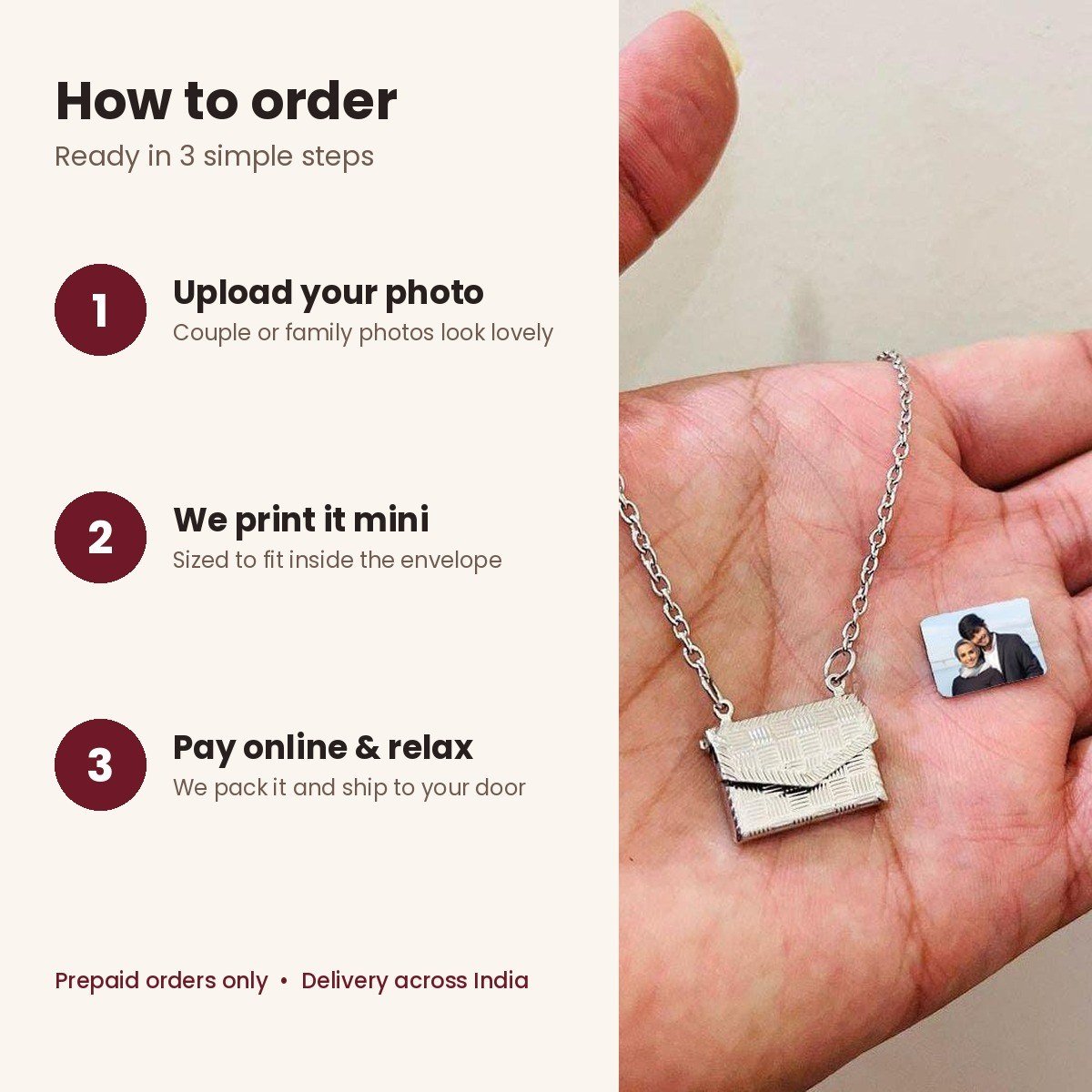 Envelope photo locket necklace with mini photo inside