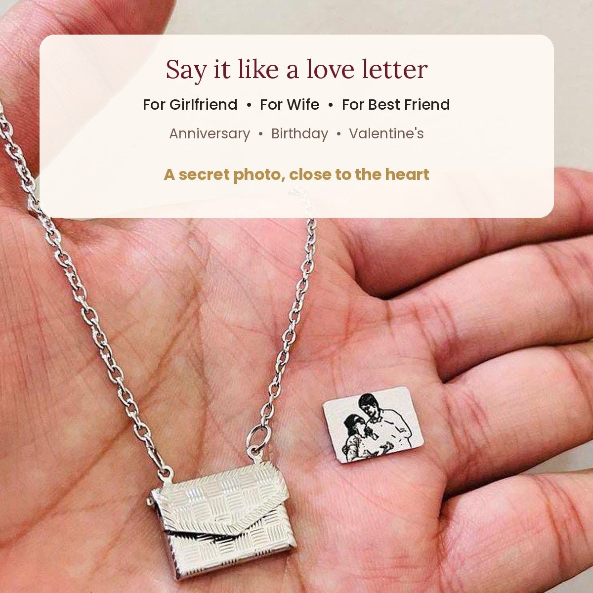 Envelope photo locket necklace with mini photo inside