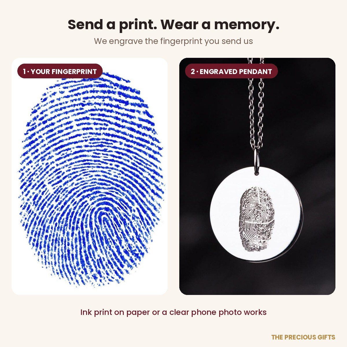 Fingerprint pendant necklace engraved with your fingerprint