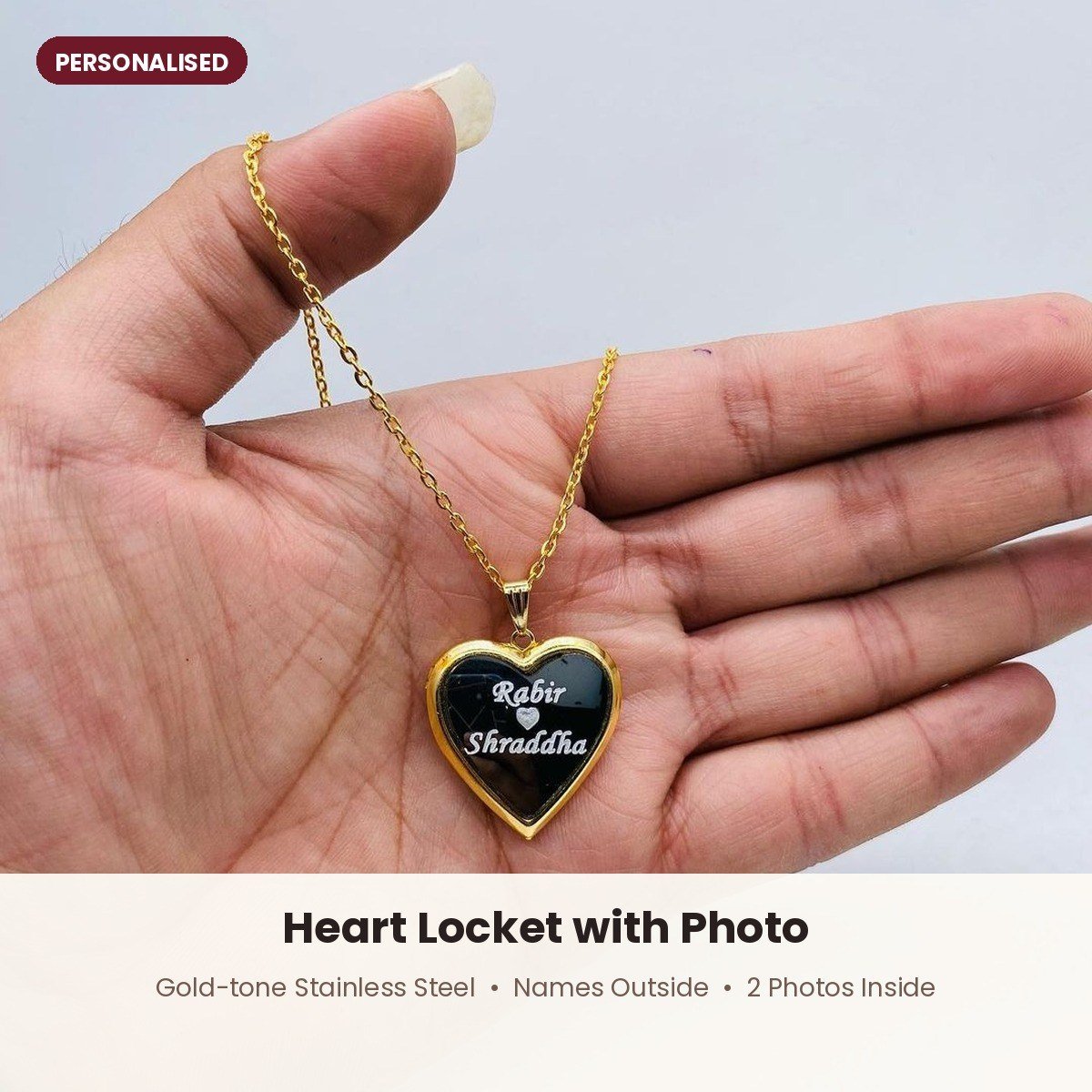 Heart locket with photo, gold-tone, names engraved – hero