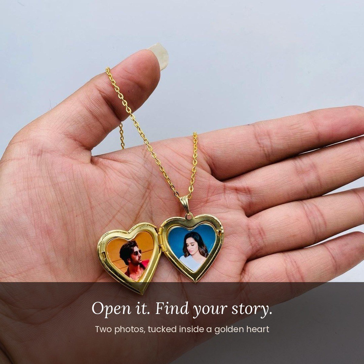 Heart locket with photo, gold-tone, names engraved – lifestyle