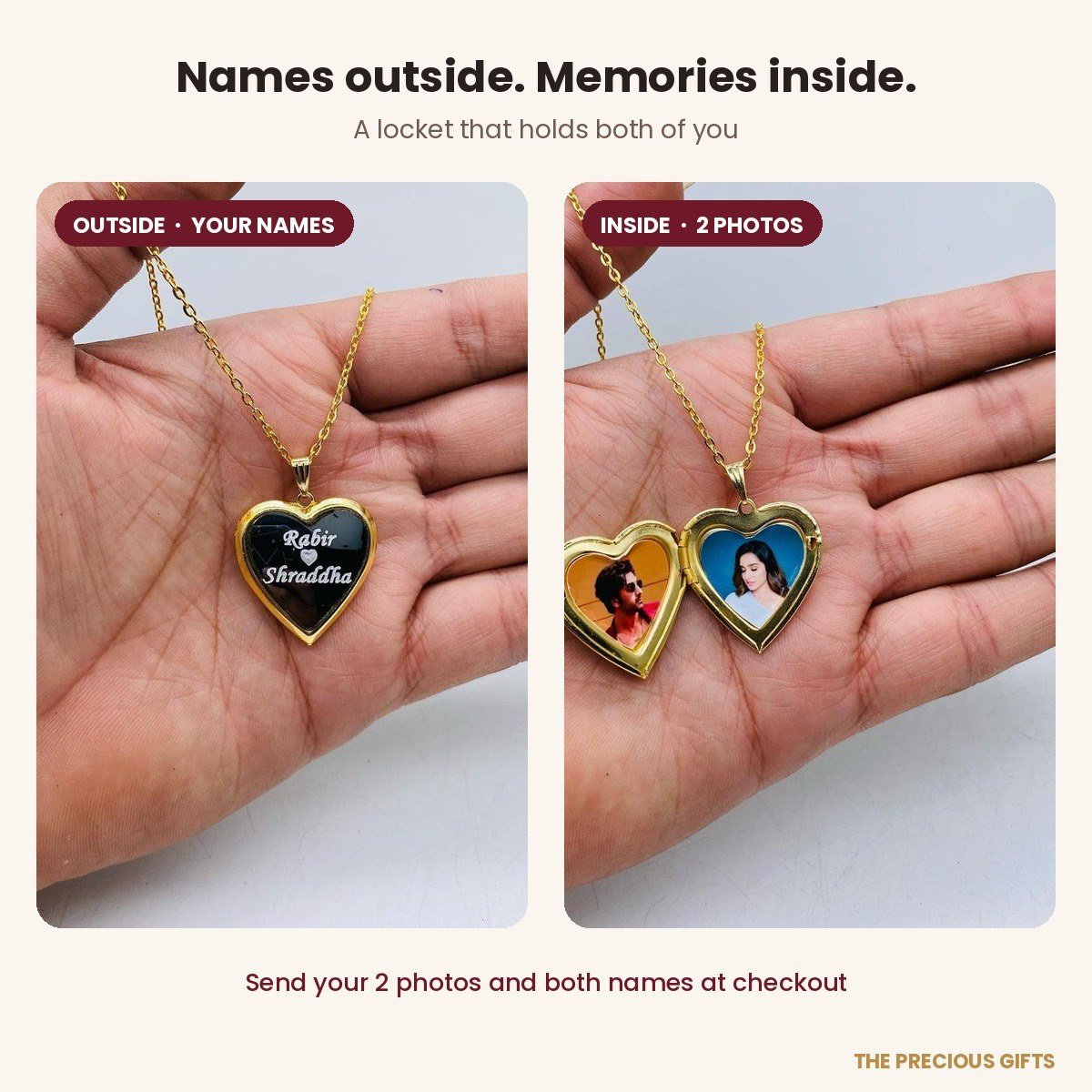 Heart locket with photo, gold-tone, names engraved – detail