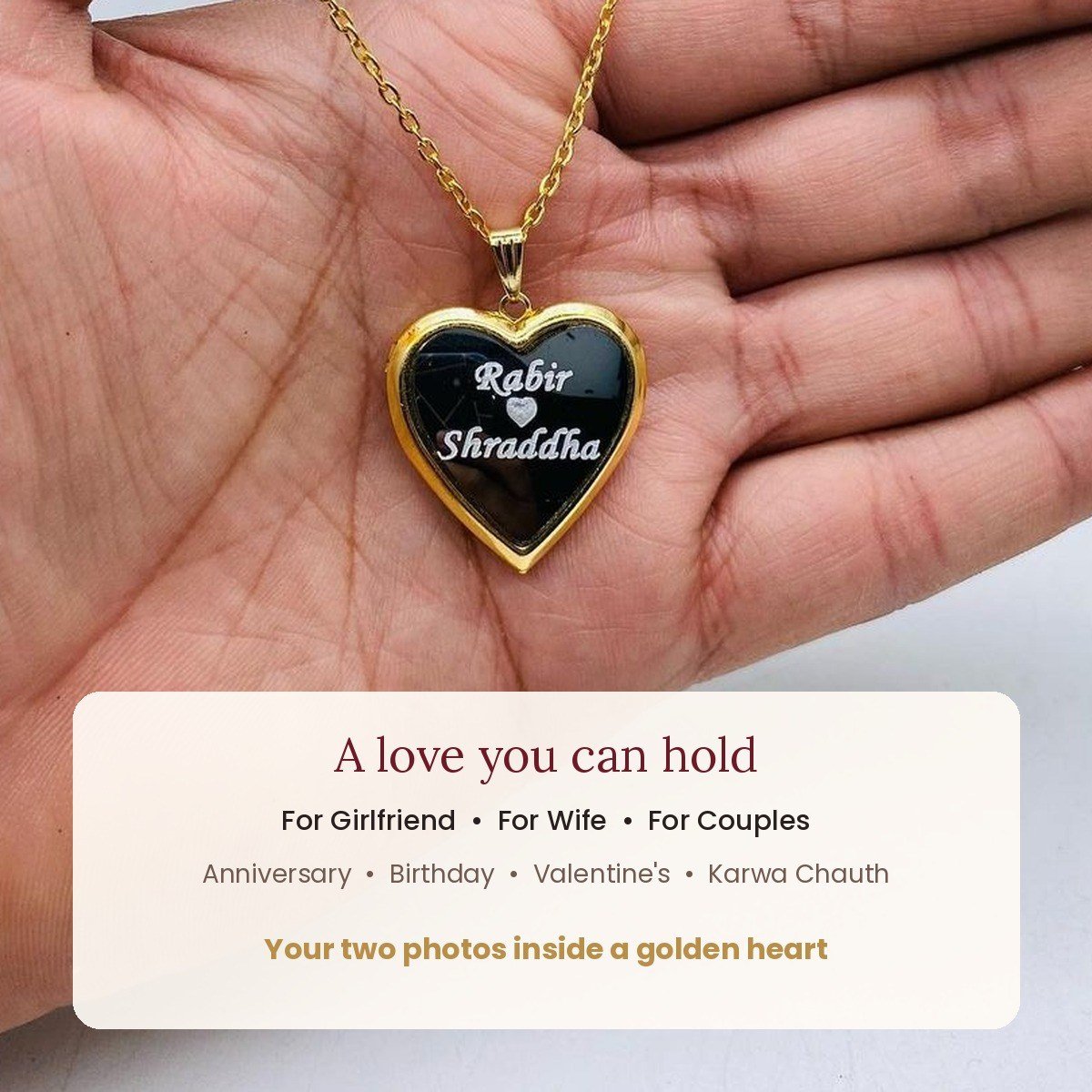 Heart locket with photo, gold-tone, names engraved – gift moments