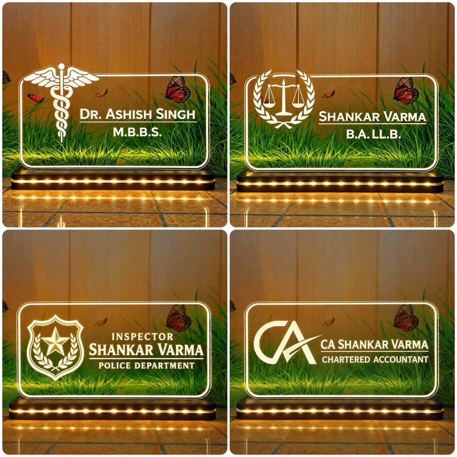 LED desk name plates with doctor, lawyer, police and CA logos