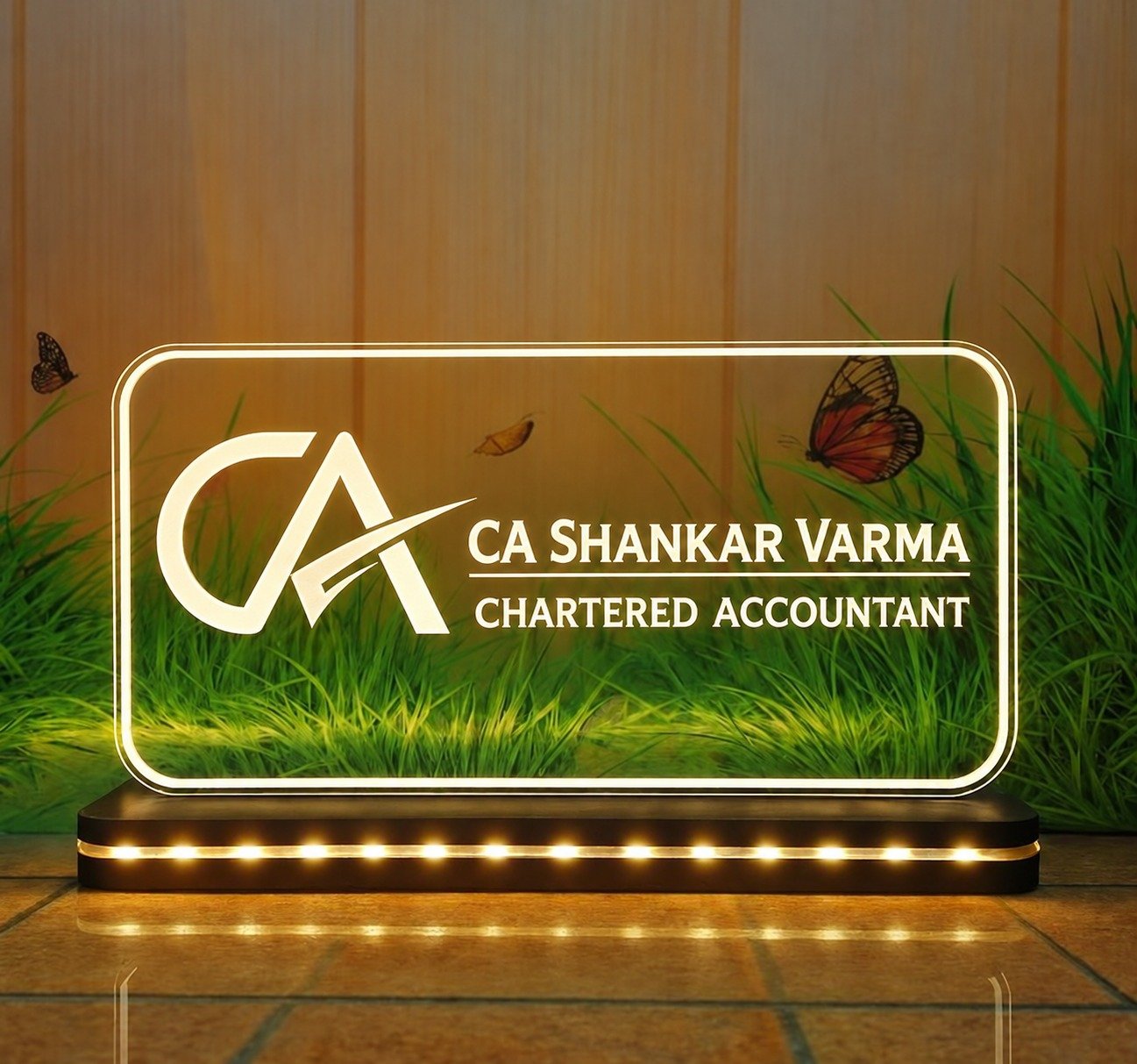 LED desk name plate for a chartered accountant with CA logo