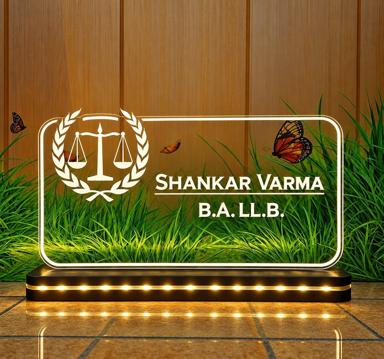 LED desk name plate for a lawyer with scales of justice logo