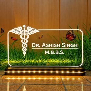 LED desk name plate for a doctor with caduceus logo