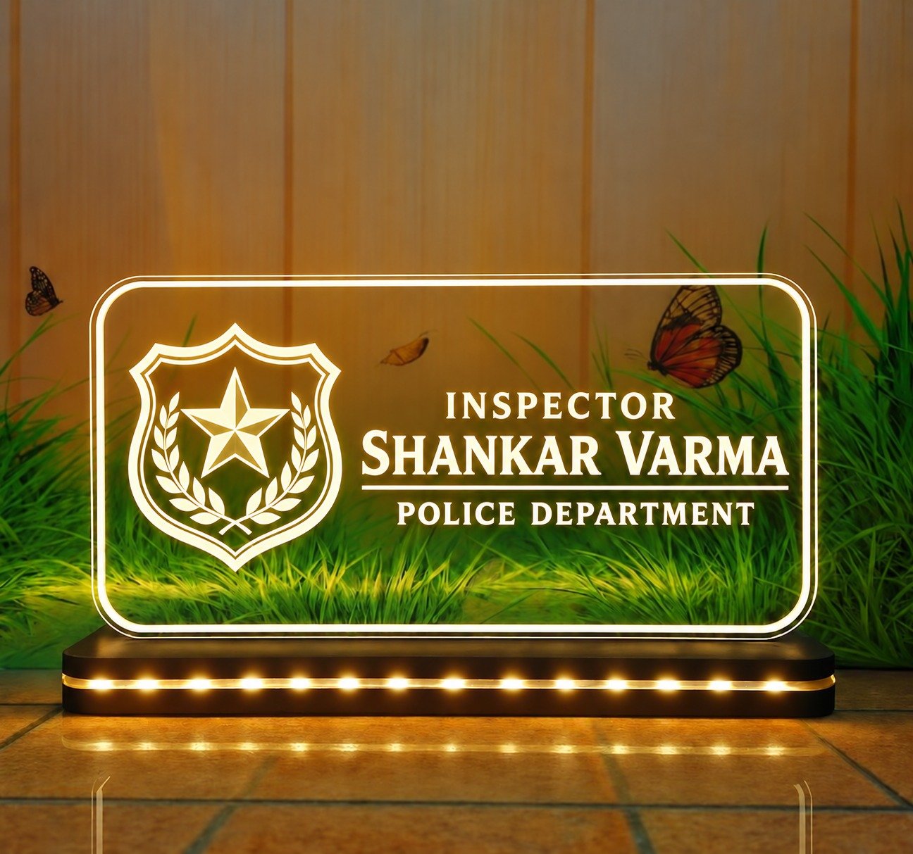 LED desk name plate for a police inspector with badge logo