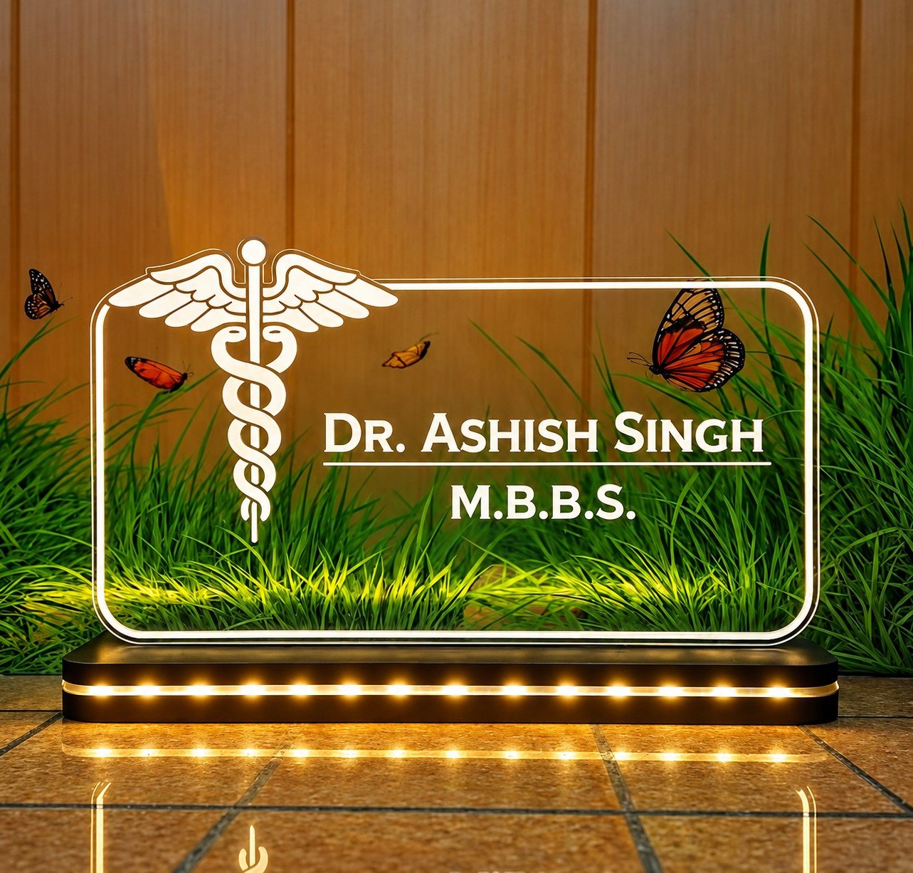LED desk name plate for a doctor with caduceus logo
