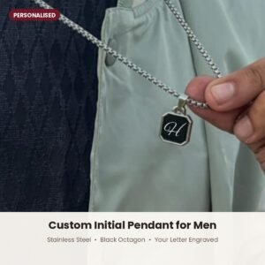 Initial pendant for men, black octagon, stainless steel – hero